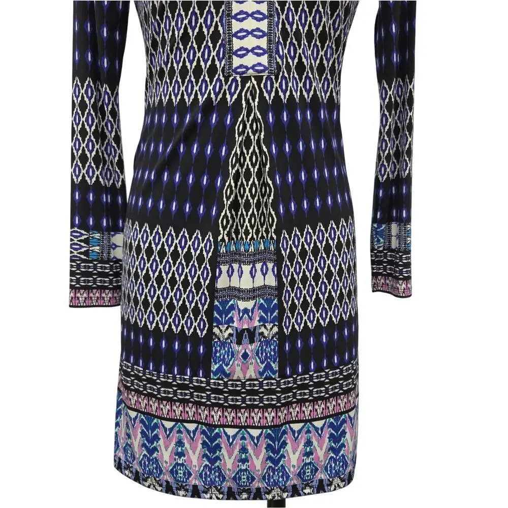 Hale Bob Boho Mini Dress Size XS Blue Mixed Print Tunic Long Sleeve V Neck